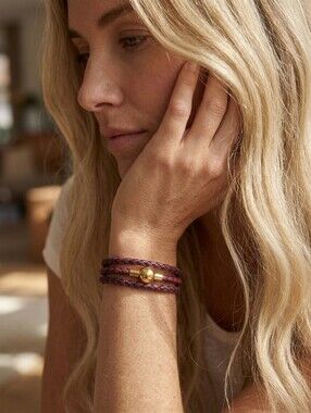 Linx Triple Wrap Red & Black Leather Braided Cord Bracelet Gold Magnetic Clasp